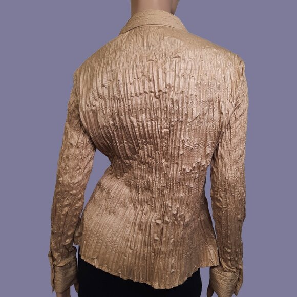 Vintage 90s Y2K Crinkle Blouse Deadstock With Tag Size L Beige Gold Wide Collar - Picture 3 of 6